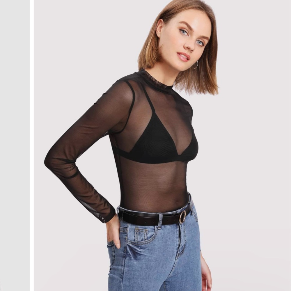 Sheer mesh long sleeve mock neck top